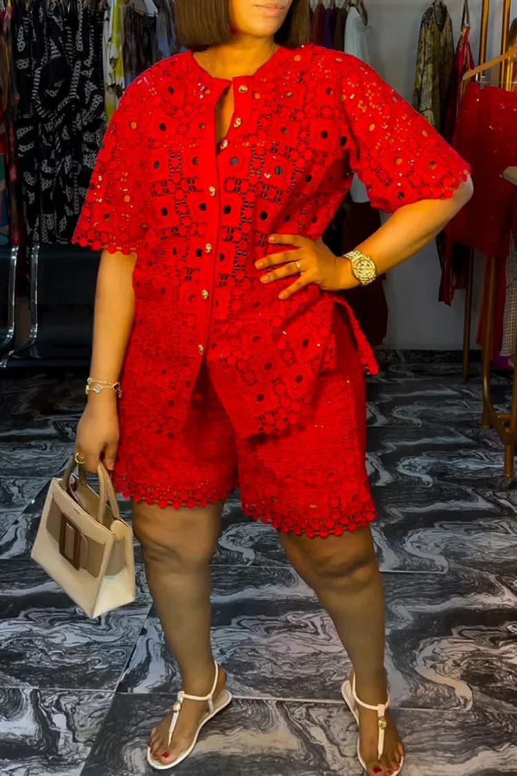Plus Size Vacation Red Casual Round Neck Short Sleeve Pocket Two Piece Short Sets [Pre-Order]