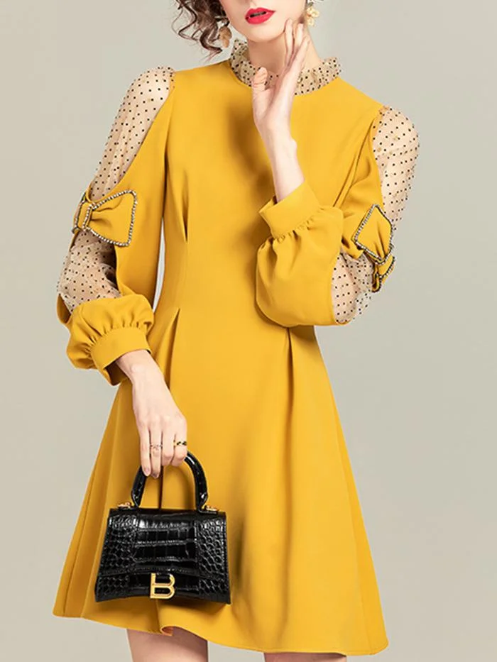 Elegant Net Yarn Flocking Bow Lantern Sleeve Dress