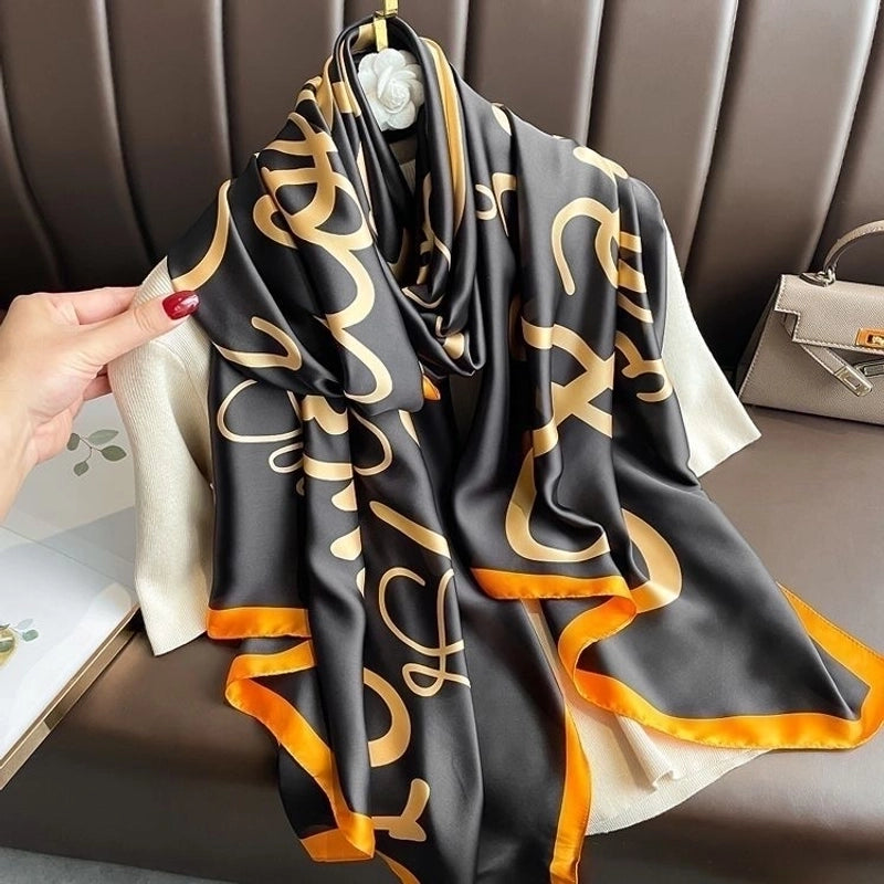 Women’s Fashion Letter Plaid Satin Printing Silk Scarves