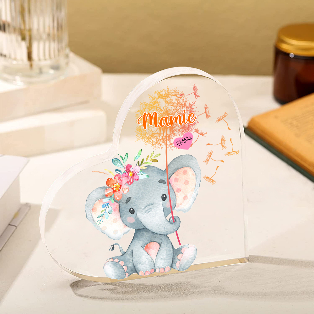 À ma Mamie - Plaque Acrylique en Forme de Cœur Éléphant 1 Prénom Personnalisé