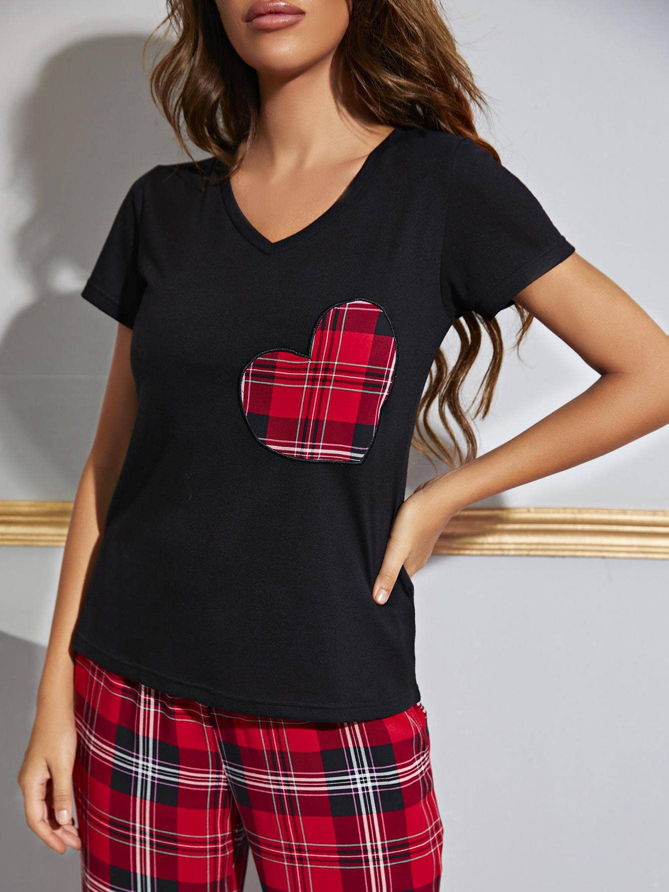 Heart Graphic V-Neck Top and Plaid Pants Lounge Set | IFYHOME