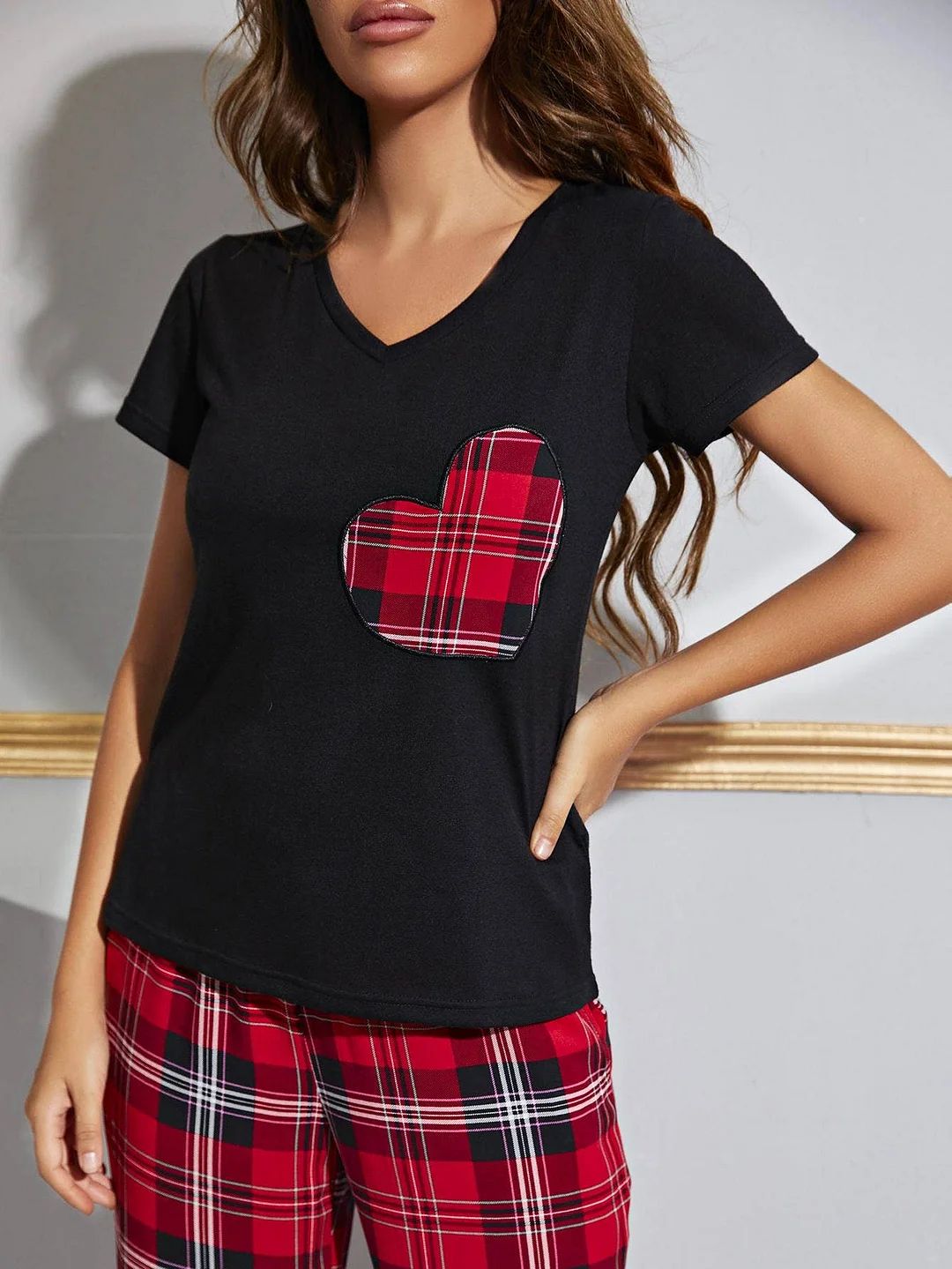 Heart Graphic V-Neck Top and Plaid Pants Lounge Set | IFYHOME