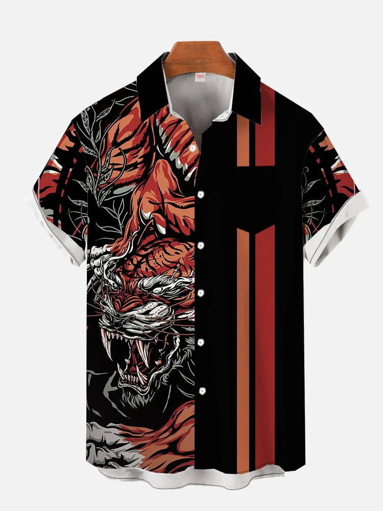 Beasts Theme Vintage Stripe Black-Orange And Fierce Tiger Printing Men's Short Sleeve Shirt