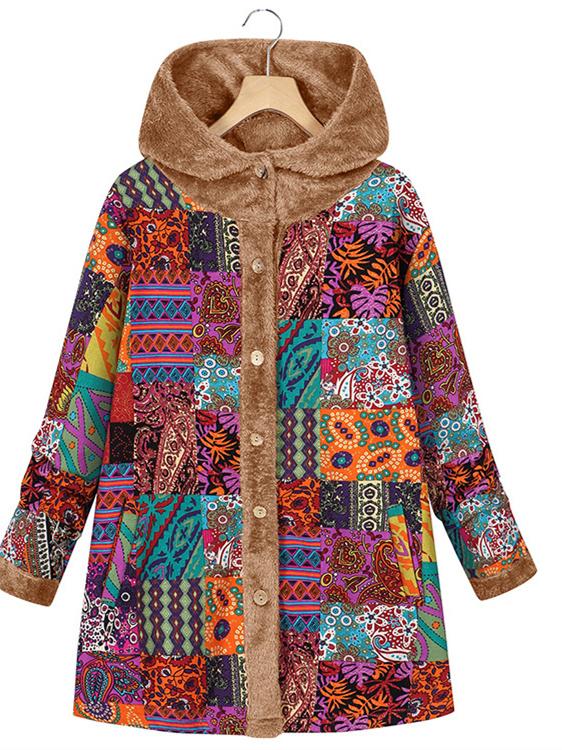 Women's Long Sleeve Graphic Printed Stitching Hooded Coat Top