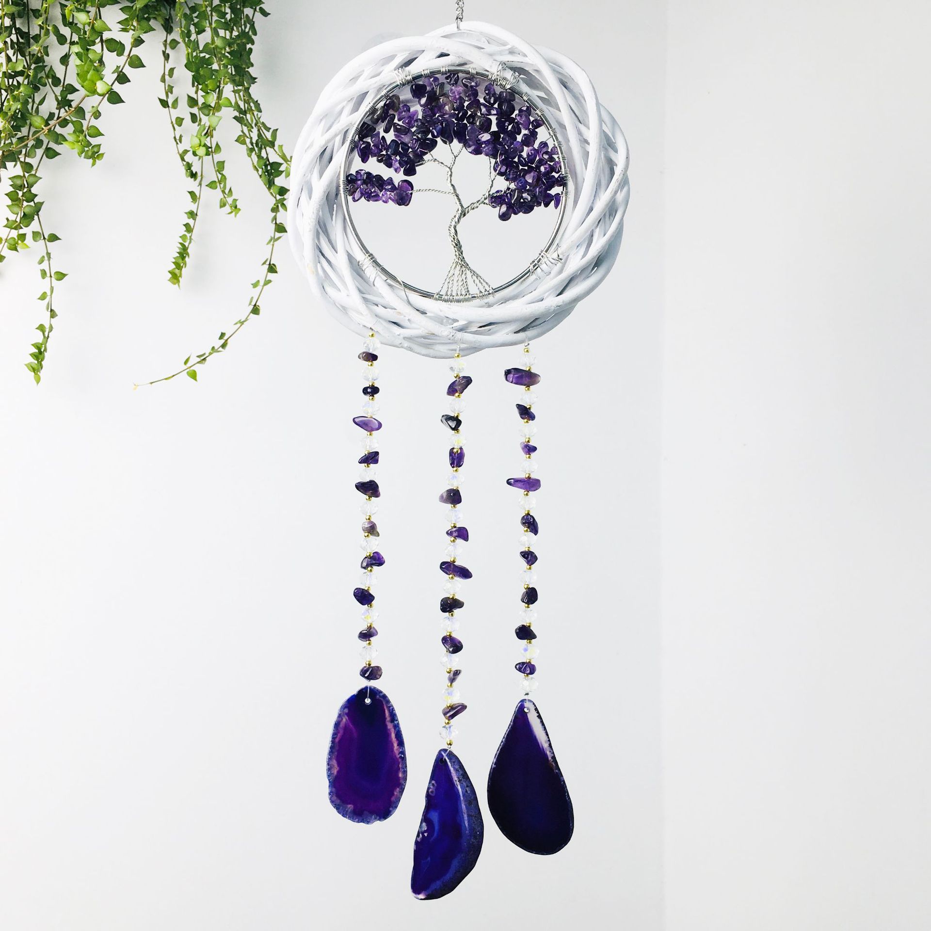 Handcrafted Amethyst Life Tree Agate Wind Chime Wall Decor – Natural Elegance