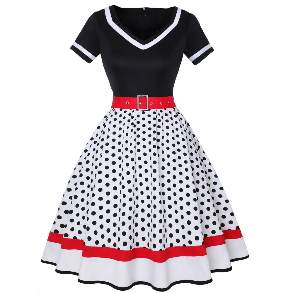 Brownm Cotton Pleated Skirt V-neck Dot Swing Dress