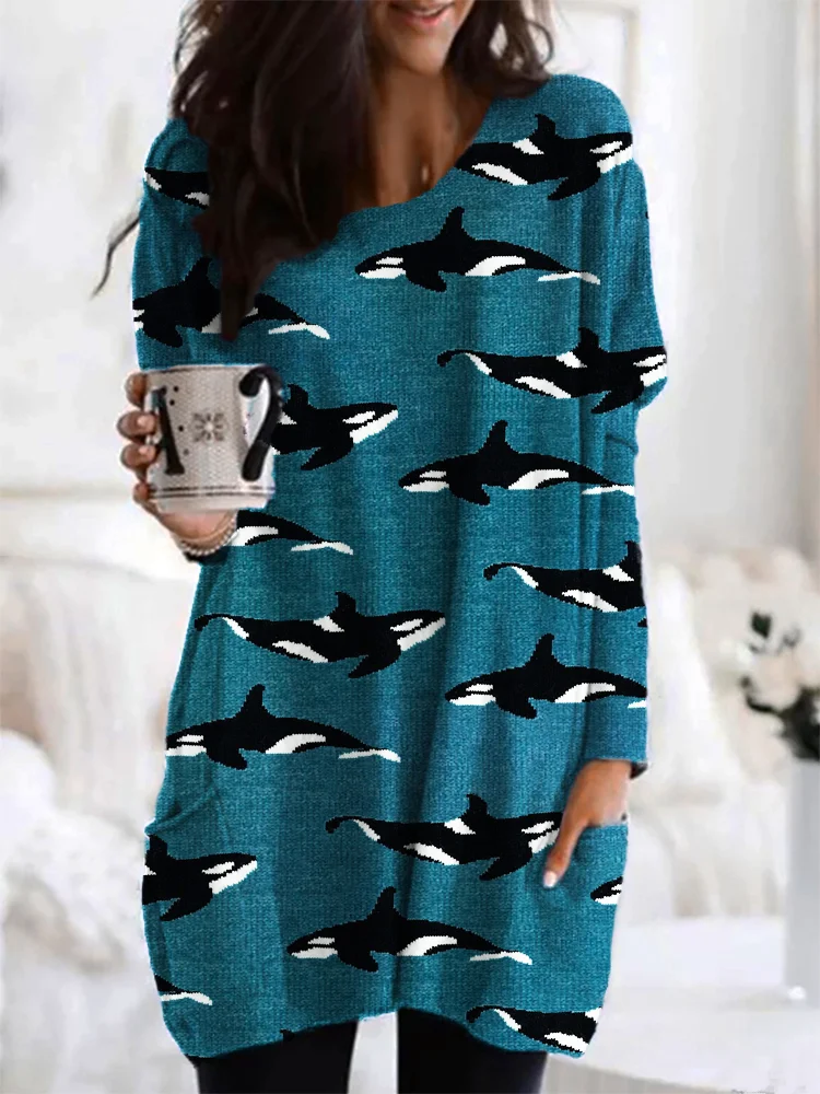 Ocean Whale Knit Pattern Long Sleeve Loose T-Shirt