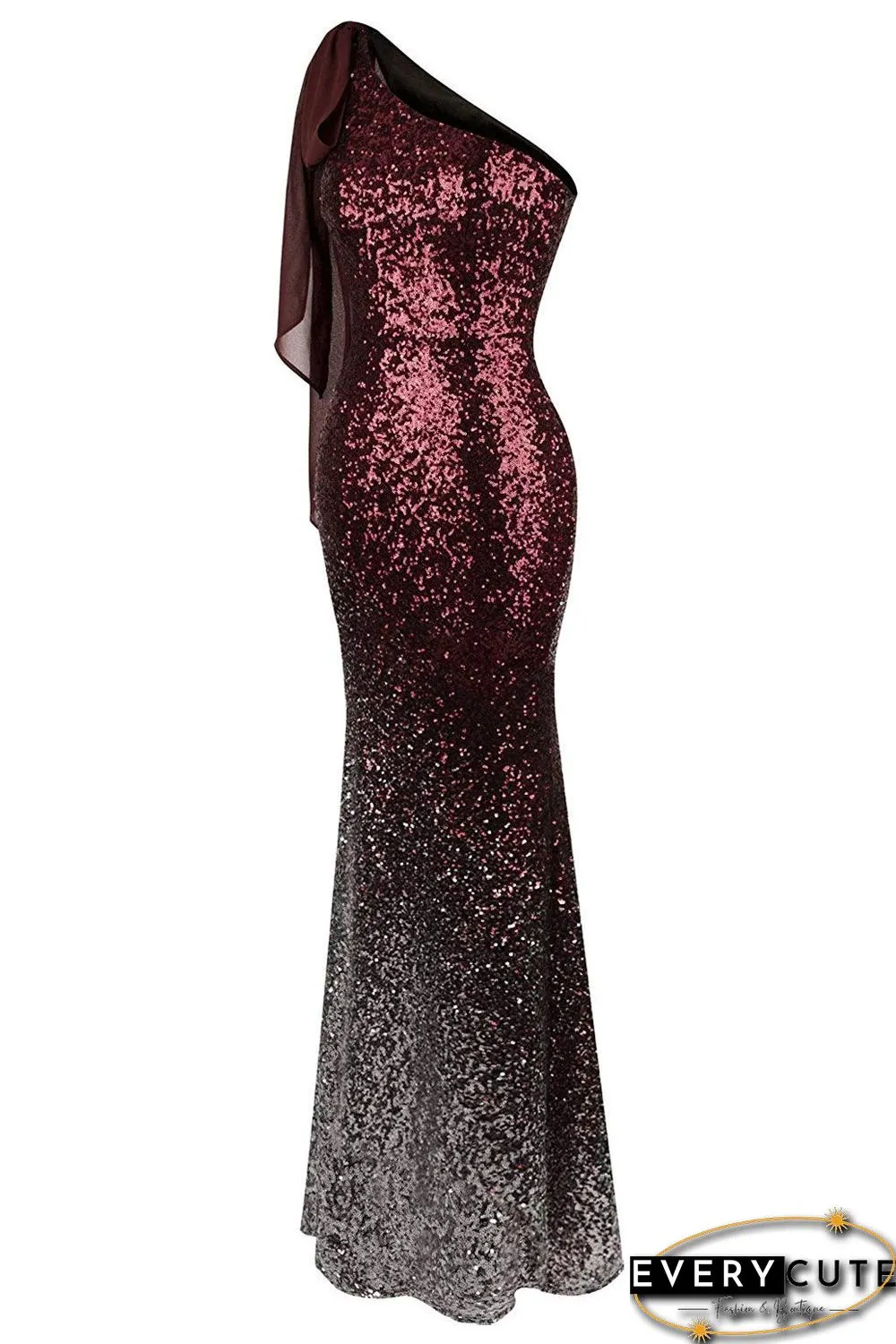 Red Gradient One Shoulder Sequin Party Evening Dress