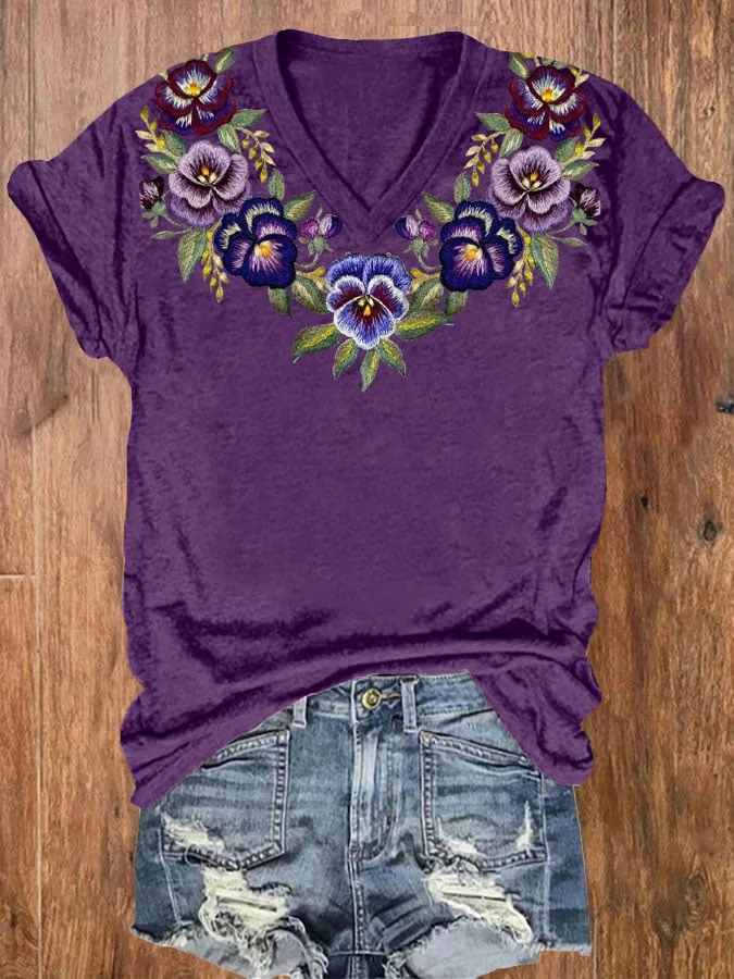 Women's Alzheimer's Purple Floral V-Neck T-Shirt socialshop