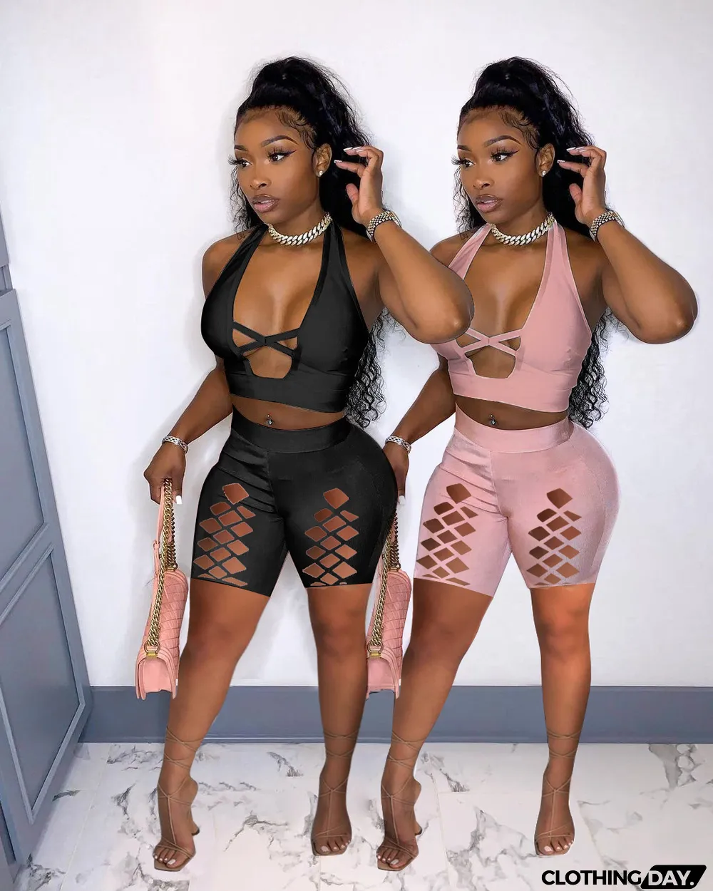 Sexy Halter Top And Hole Shorts Two Piece Sets