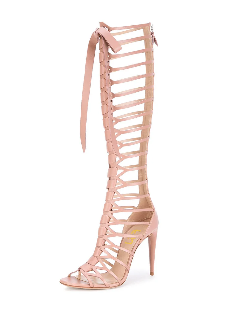 Pink Gladiator Heels Knee-high 4 Inches Lace up Heels Sandals |FSJ Shoes