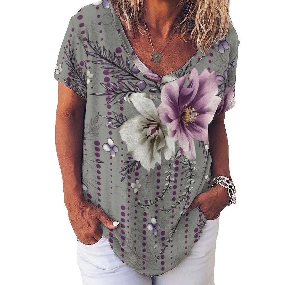 V-neck Short Sleeve Casual T-shirt for  Women Printed with Pattern Floral, Purple