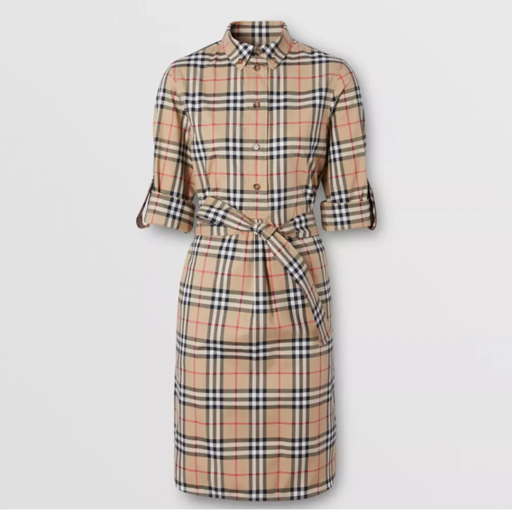 Classic Vintage Check Stretch Cotton Tie Waist Shirt Dress-vocosishoes