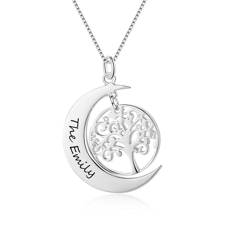 Moon Pendant with Family Tree Necklace Personalized Tree Of Life Necklace Engraved Name