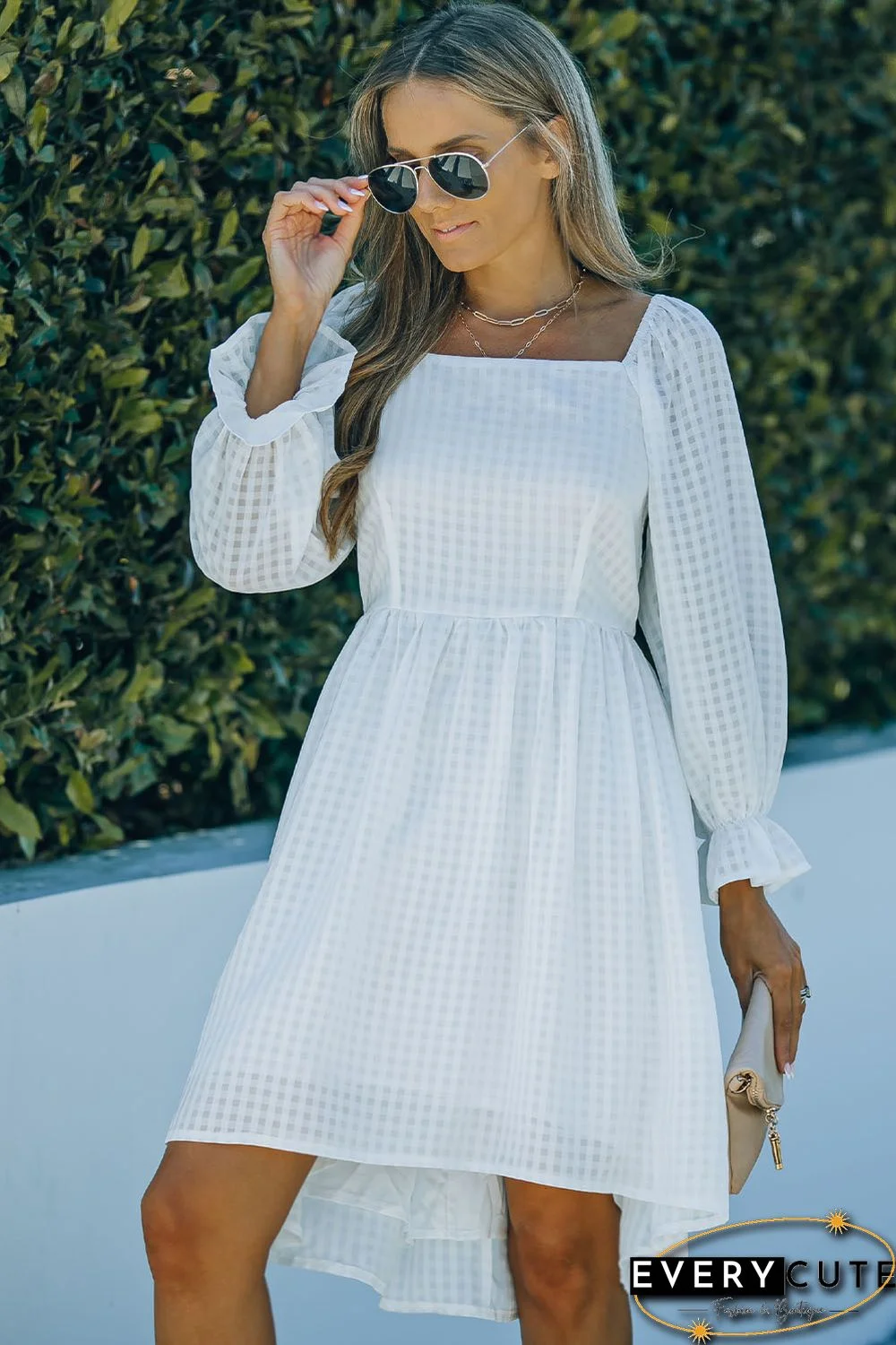 White Square Neck Smocked Back A-line Dress