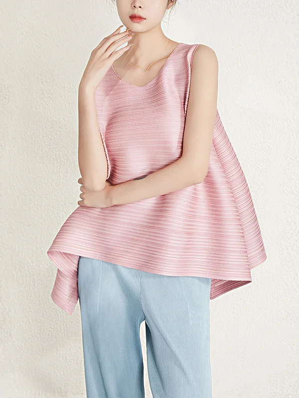 Cropped Sleeveless Pleated Round-Neck Vest Top