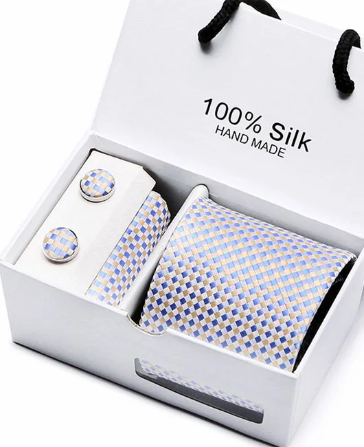 Classic Jacquard Formal Occasion Tie & Pocket Square & Cufflinks 4Pcs Set With Gift Box