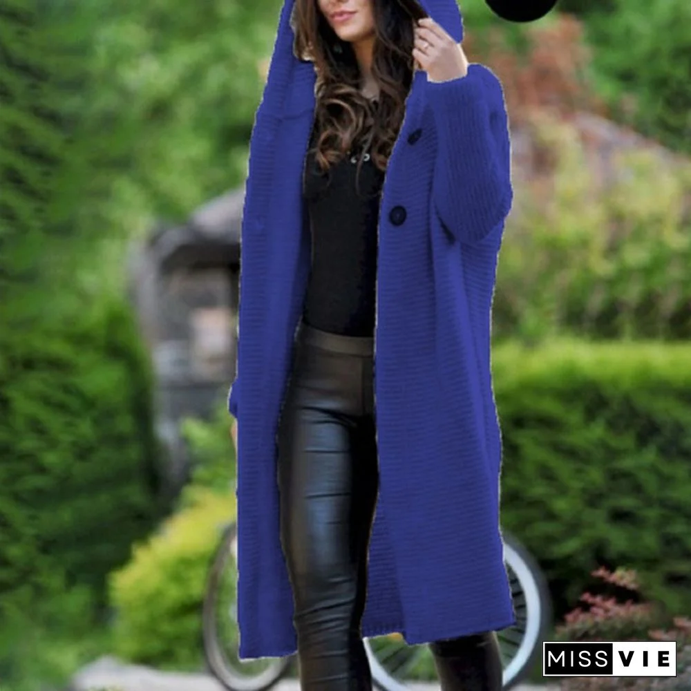 New Autumn Winter Women Hooded Coat Cardigan Sweater Coat Lady Solid Color Coat Thick Soft Fashion Jacket Long Plus Size Overcoat