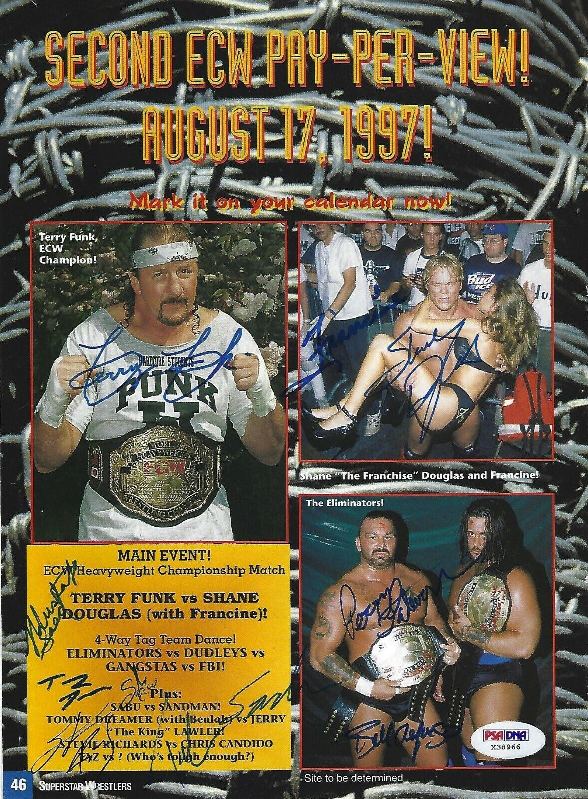 Terry Funk Sandman Taz Sabu Saturn + Signed ECW PPV 8x10 Magazine Photo Poster painting PSA/DNA