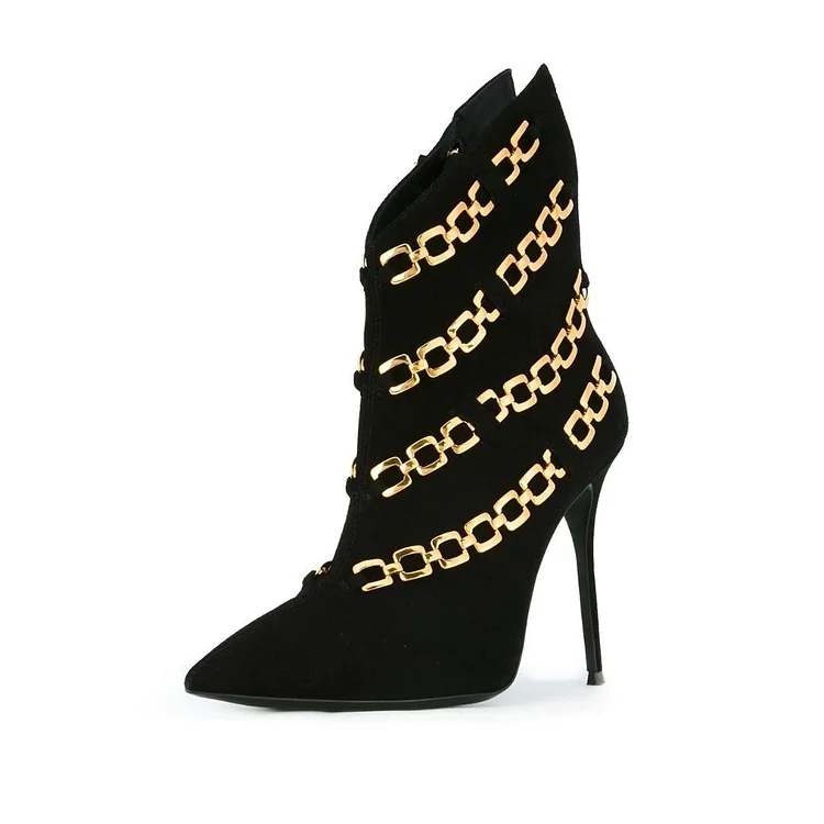 Black Chain Pointy Toe Stiletto Boots Sexy Vegan Suede Ankle Boots |FSJ Shoes