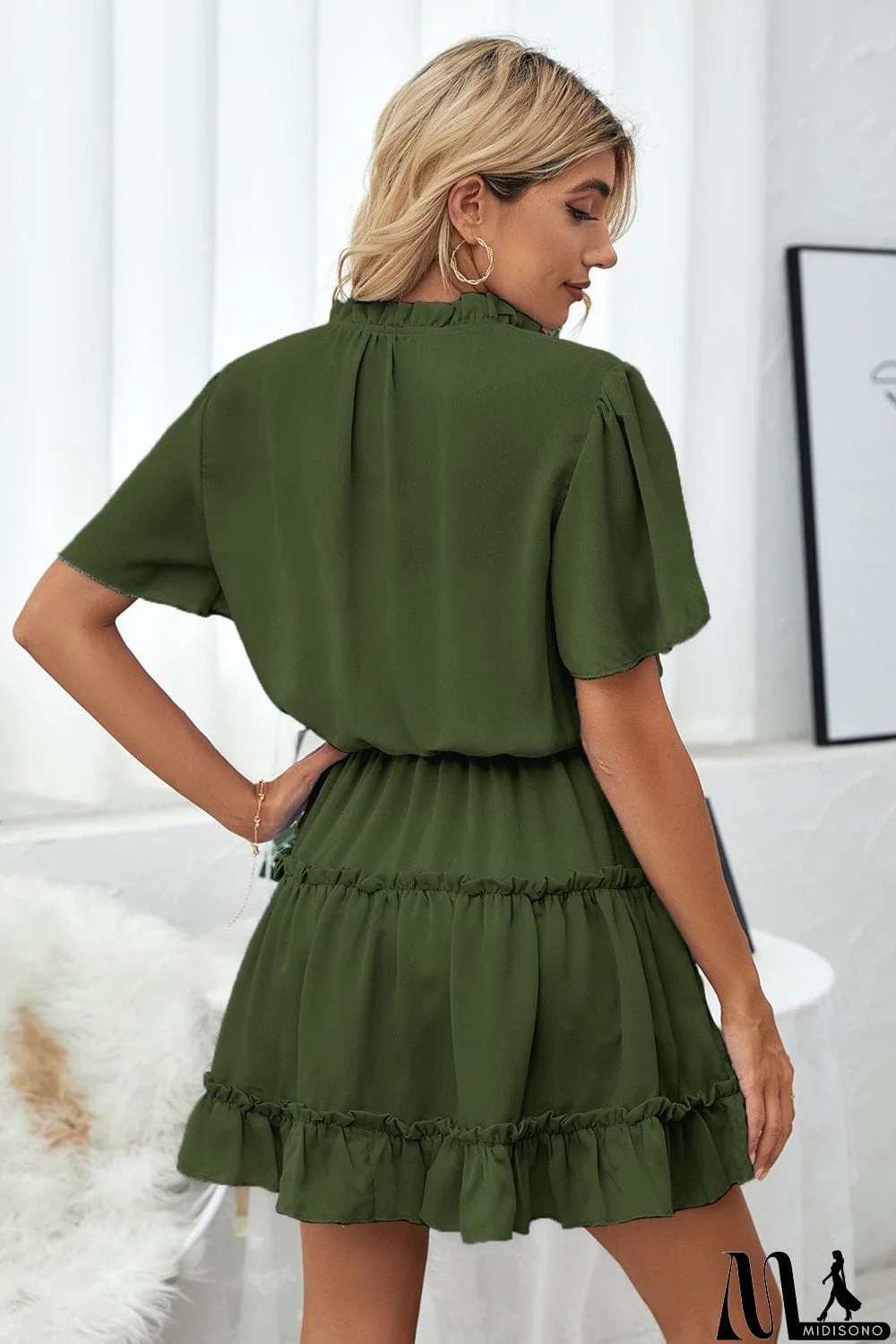 MidiSono - Tie Neck Frill Trim Short Sleeve Mini Dress