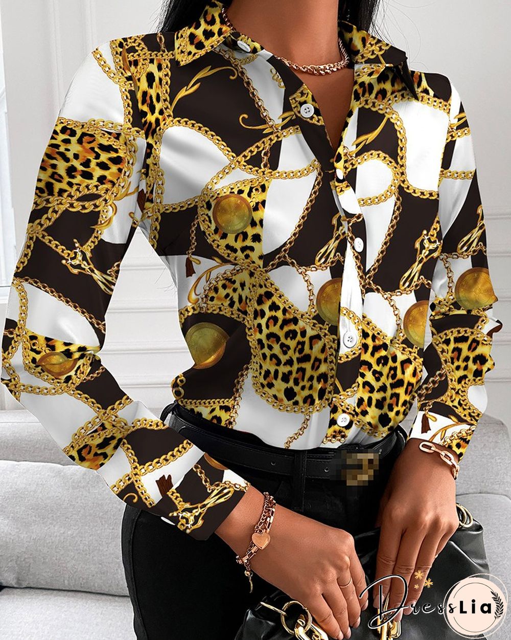 Chain Print Button Up Long Sleeve Blouse