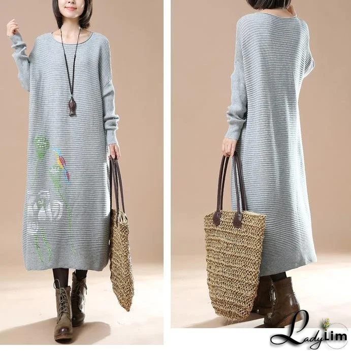 Gray long knit sweaters dress plus size