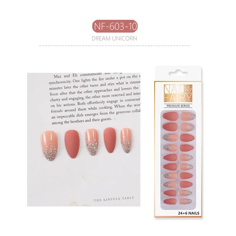 Fake Nails with Glue Metal Color False Nail Art Tips Press on Coffin Stick Designs Clear Set Full Cover Artificial Short Kiss-Nail Inspo