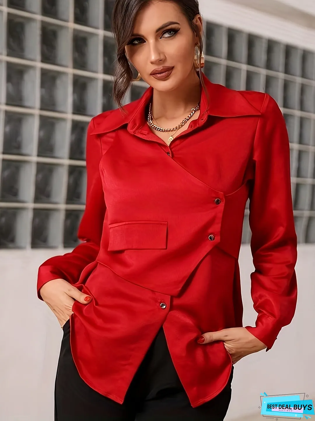 Button Front Asymmetric Crop Blouse, Stylish Long Sleeve Lapel Blouse For Spring & Fall, Women's Clothing