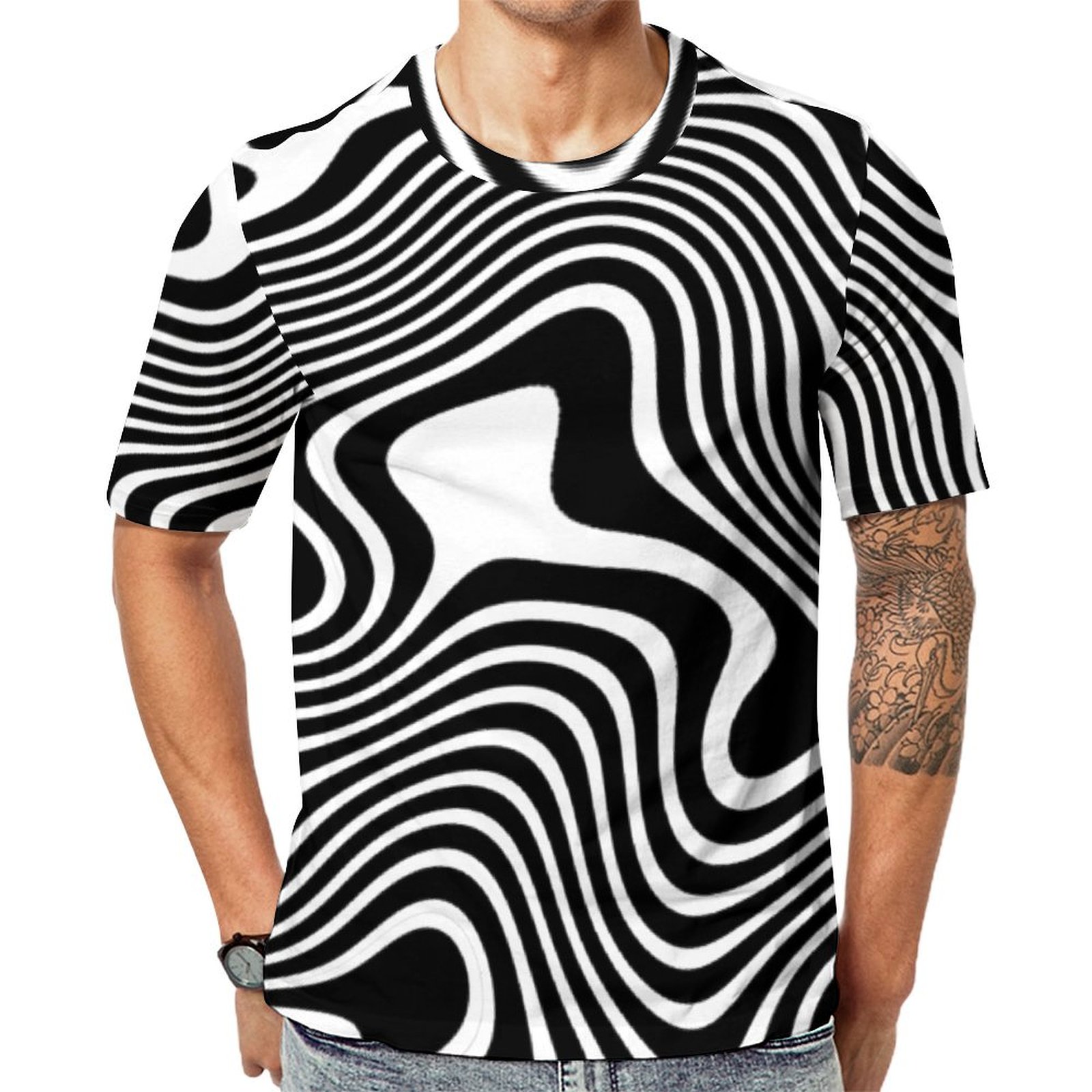 Funky Black/White Crooked Winding Graphic Stripes Short Sleeve Print Unisex Tshirt Summer Casual Tees for Men and Women Coolcoshirts