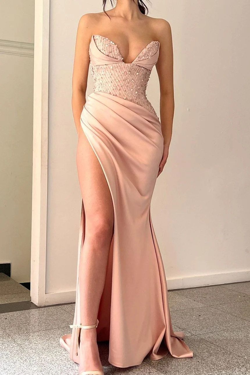 Daisda Mermaid Beaded Light Pink Prom Dress Split With Sweetheart