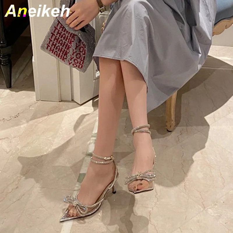 Aneikeh Spring/Autumn 2021 Women's Shoes Fashion Butterfly-Knot Narrow Band Bling Patchwork Cross-Tied Crystal Pointed Toe Pumps