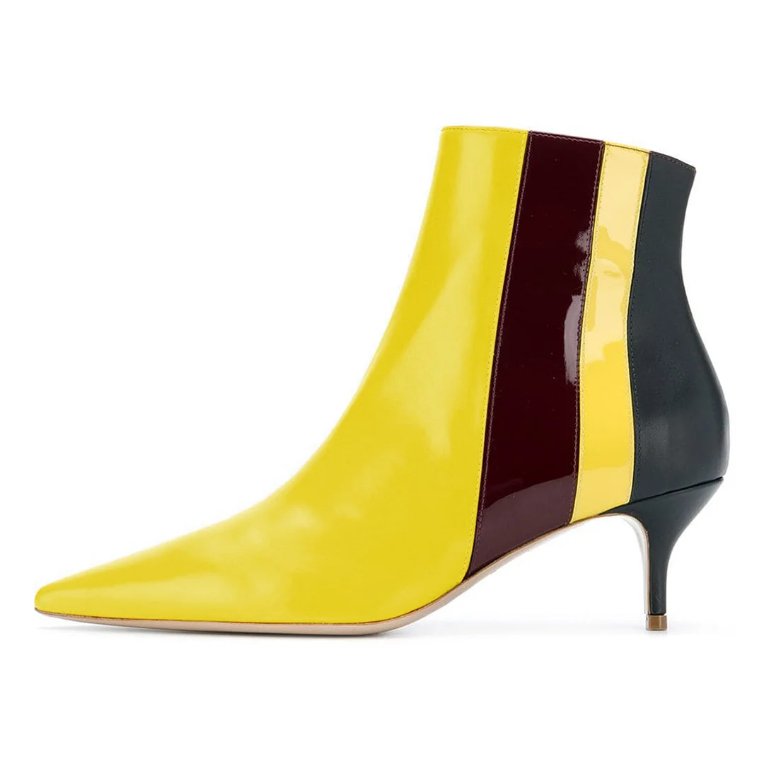Three-Color Stripes Pointed Toe Kitten Heel Zipper Booties for Women 