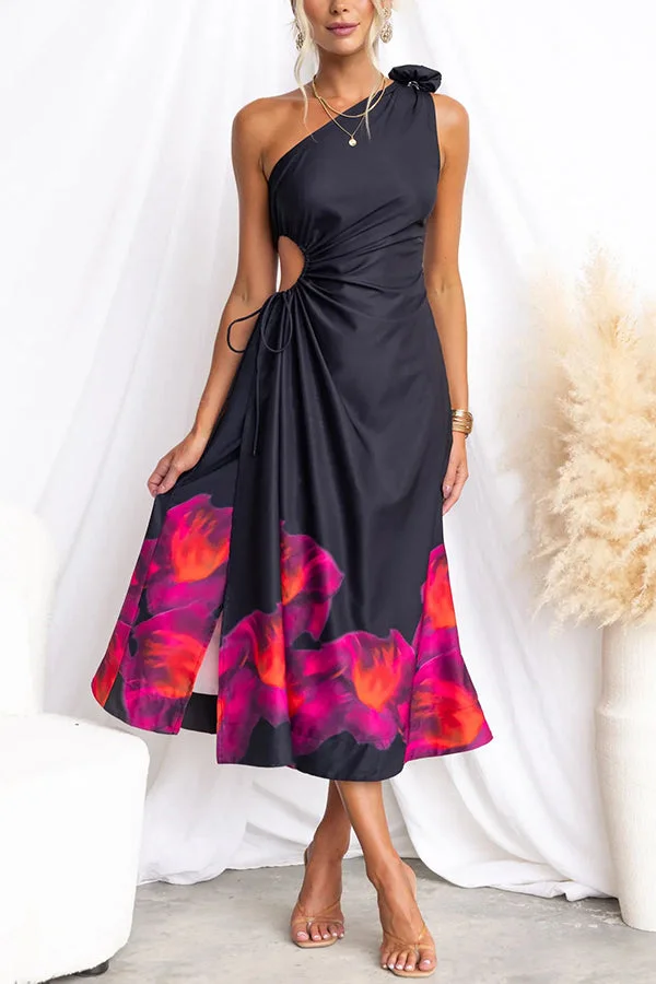 Ultimate Party One Shoulder Flower Brooch Drawstring Cutout Waist Midi Dress