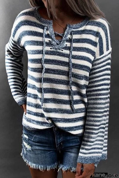 Striped Lace Up Bell Sleeve Sweater