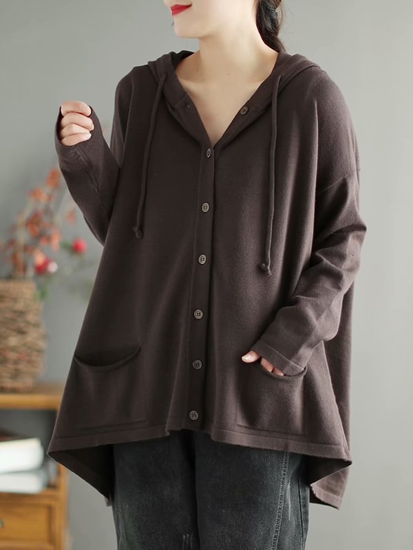 High-Low Solid Color Hooded Long Sleeve T-Shirt Tops