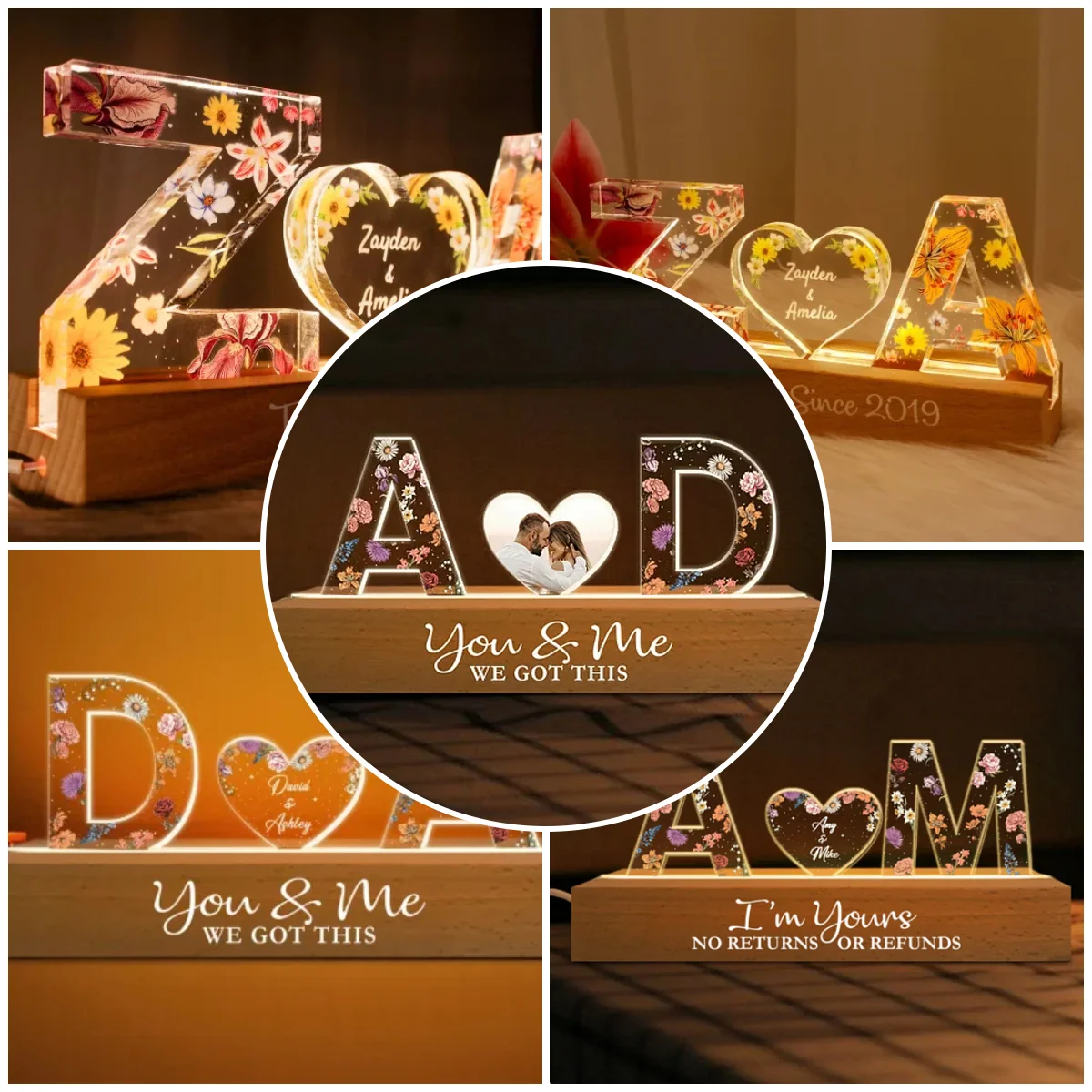 Custom Couple Initials Floral LED Night Light | 3D Laser-Engraved Acrylic Anniversary Gift with Romantic Flower Patterns | Plug-in Bedside Lamp for Wedding Anniversary