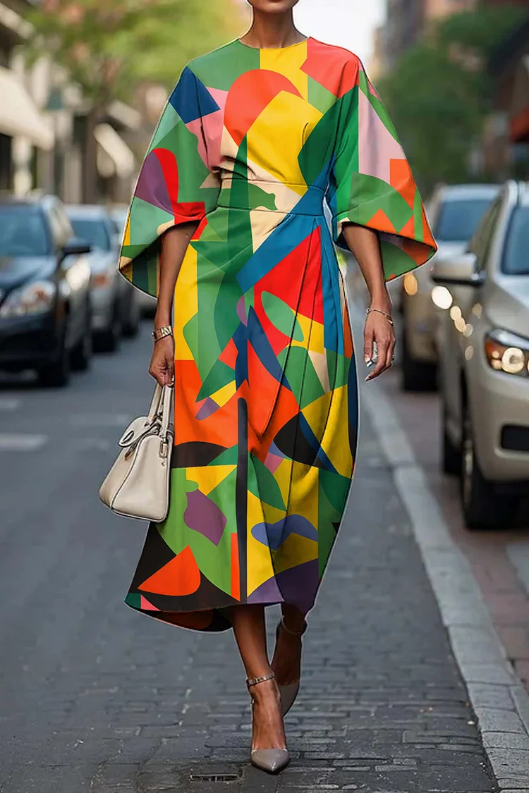 Women's Elegant Abstract Art Print Midi Dress