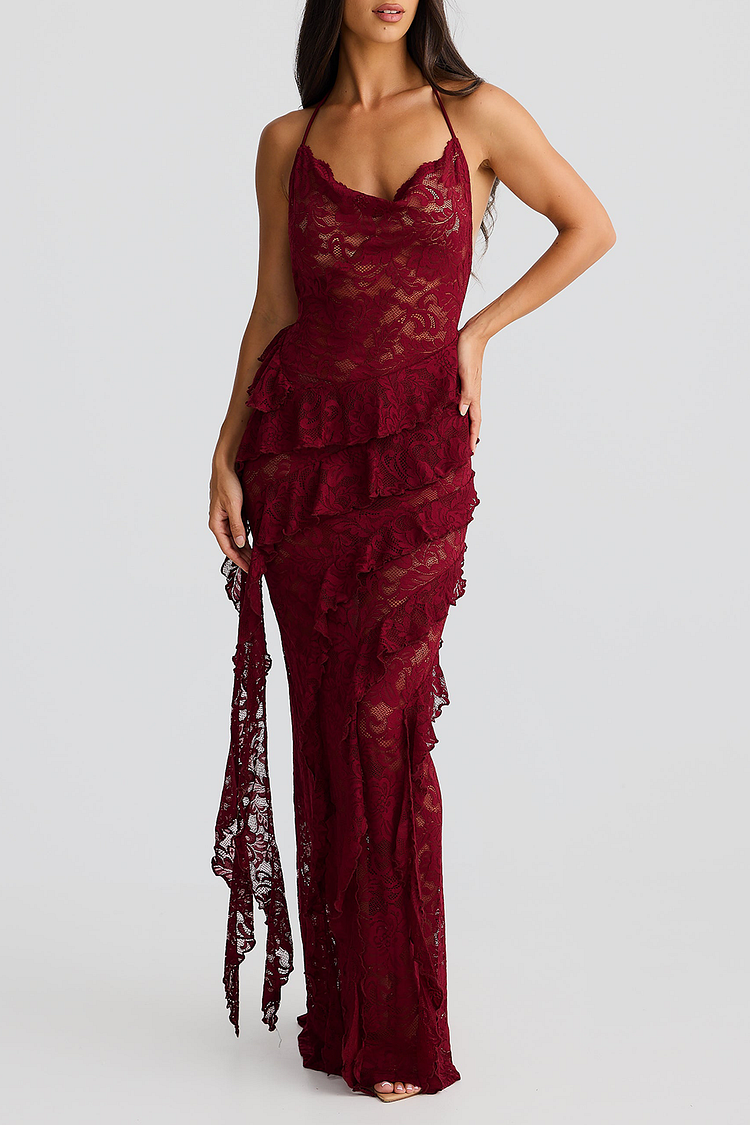 Tiered Ruffle Side Sash Halter Open Back Lace Maxi Dresses-Burgundy [Pre Order]