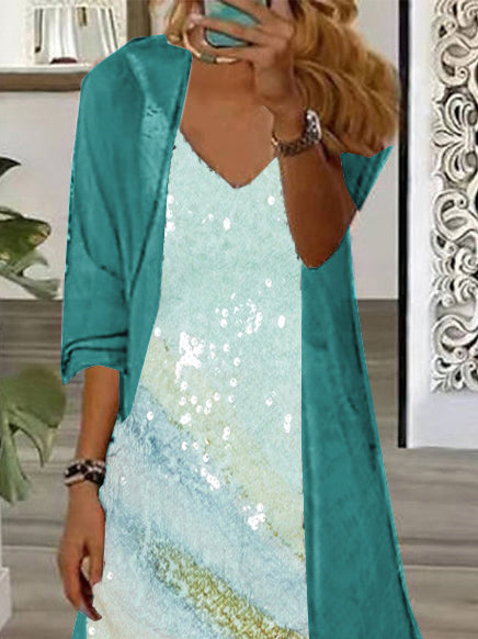 Women's Long Sleeve V-neck Graphic Printed Two Pieces Maxi Dress