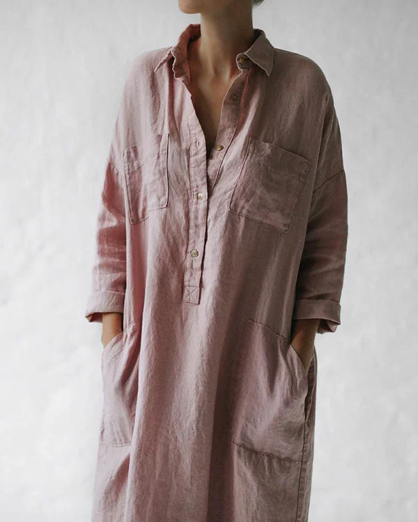 Casual Pink Solid Linen Pullover Shirt Dresses with Pockets-nanadresses