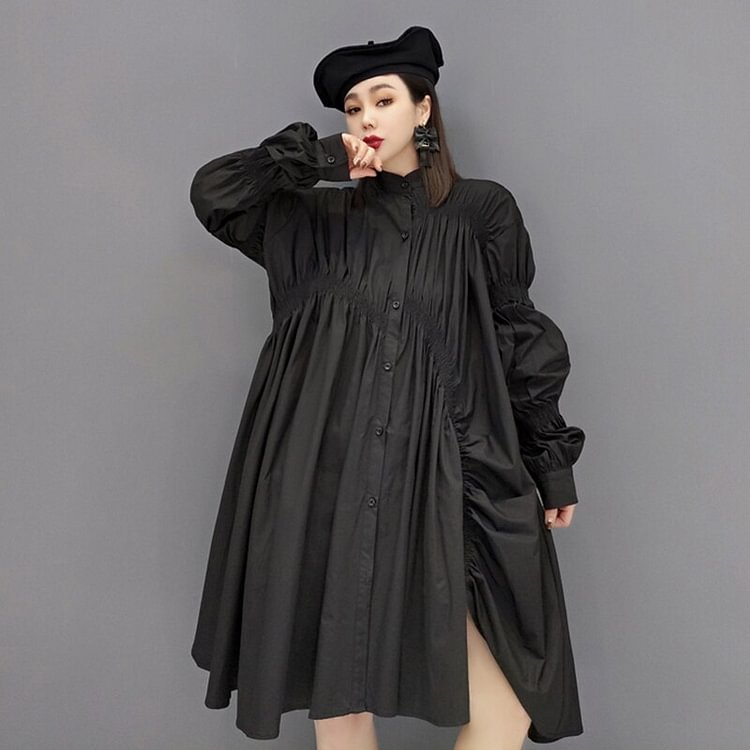 Fashion Black Stand Collar Long Sleeve Split Loose Dress