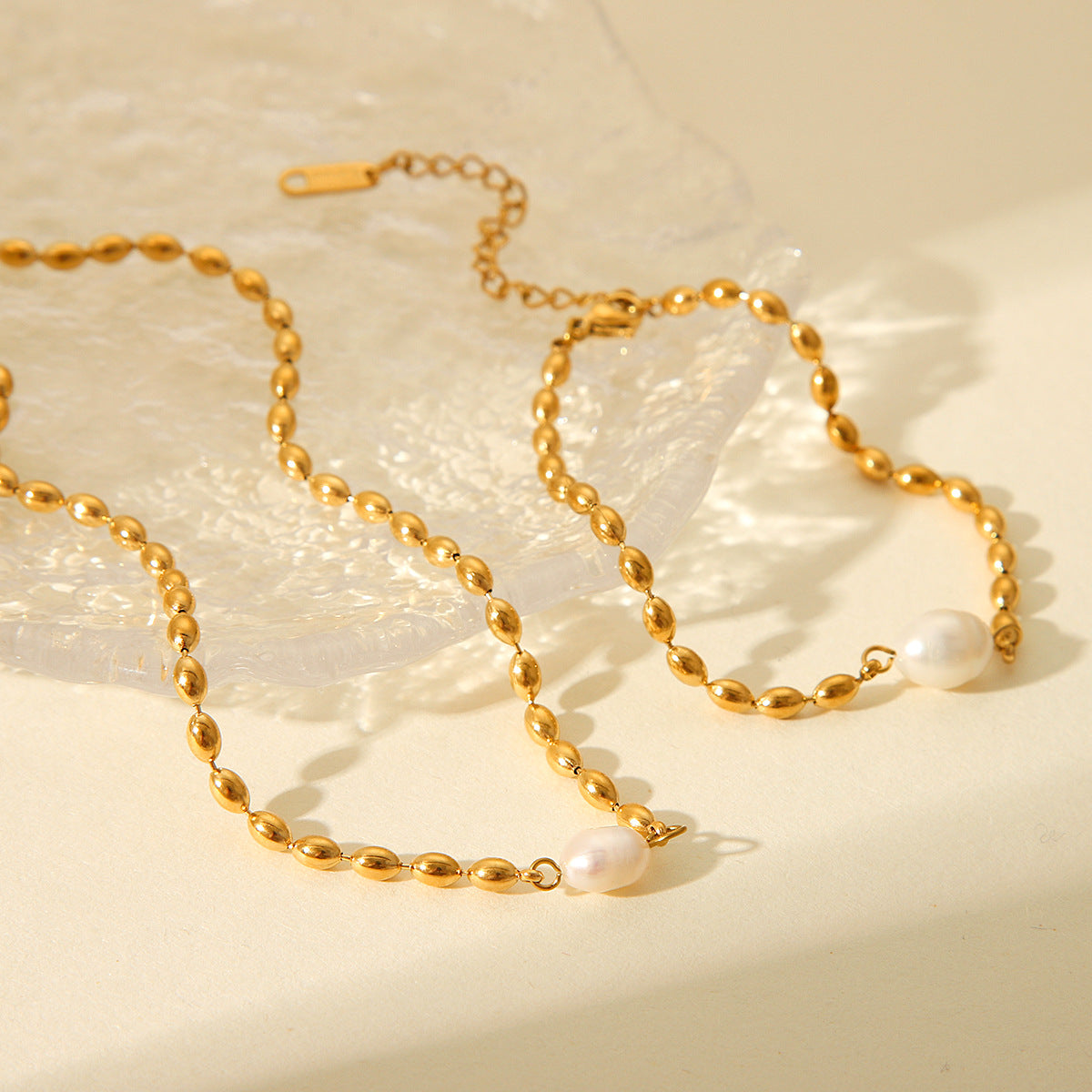 Processing And Customization Of French Natural Freshwater Pearl Oval Gold Bean Necklace Stainless Steel Bracelet Titanium Steel