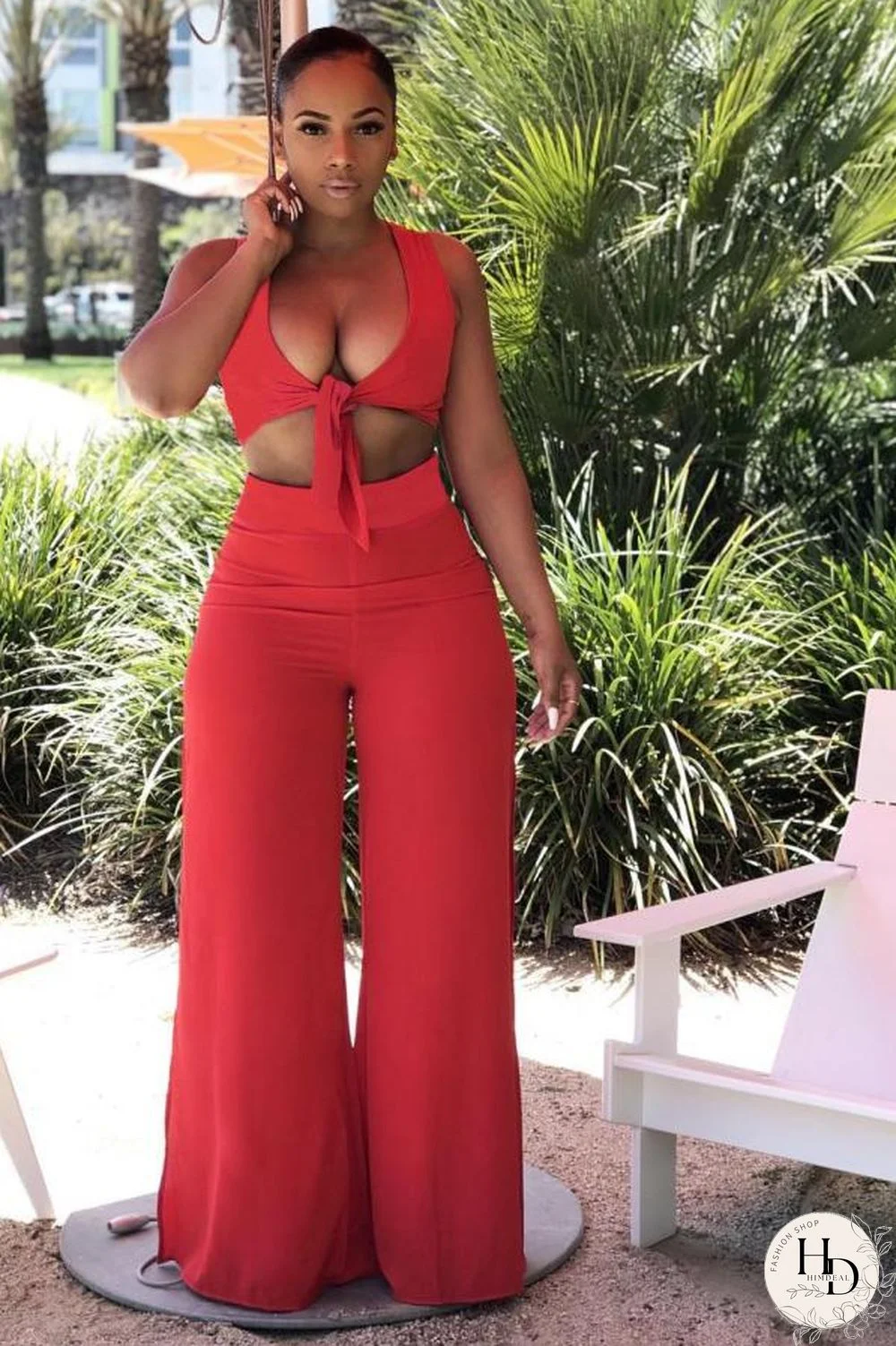 Red Sexy Fashion Solid asymmetrical Two Piece Suits Bandage crop top Straight