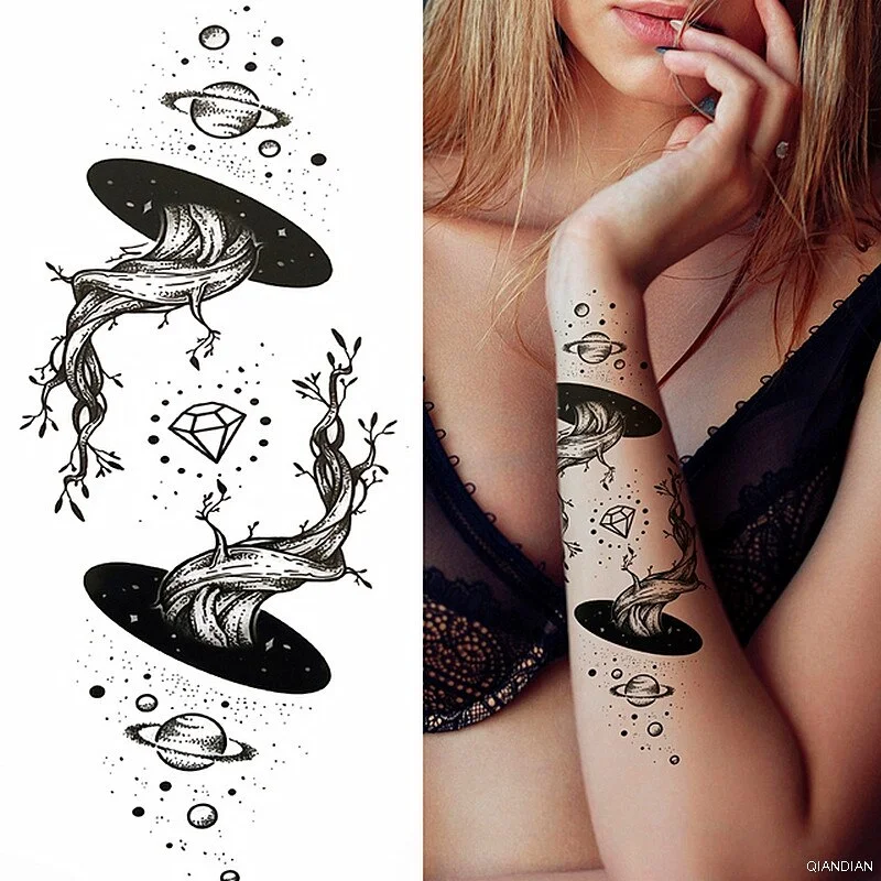 Black Sexy Flower Temporary Tattoos Sticker Arm Sleeve Rose Tree Skull Lion Bear Snake Henna Body Decorate Fake 3D Women Totem