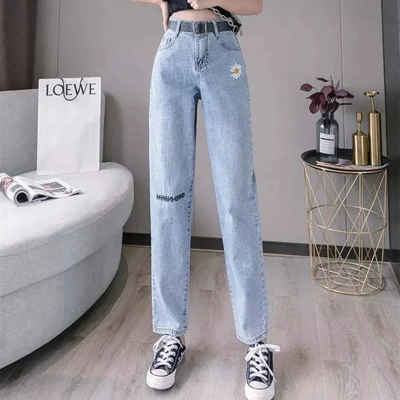 Brownm daisy retro Y2K casual jeans straight pants Women's High Waist Embroidered Loose Large Size Jeans ins Trend jeans