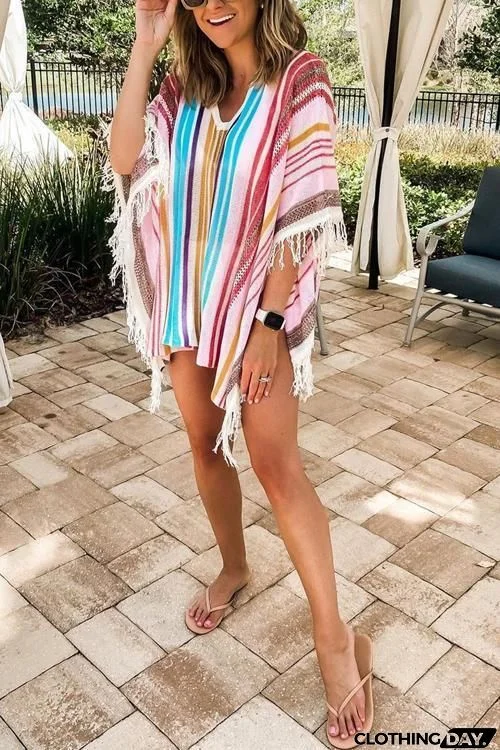 Colorful Stripe Tassels Cover Up