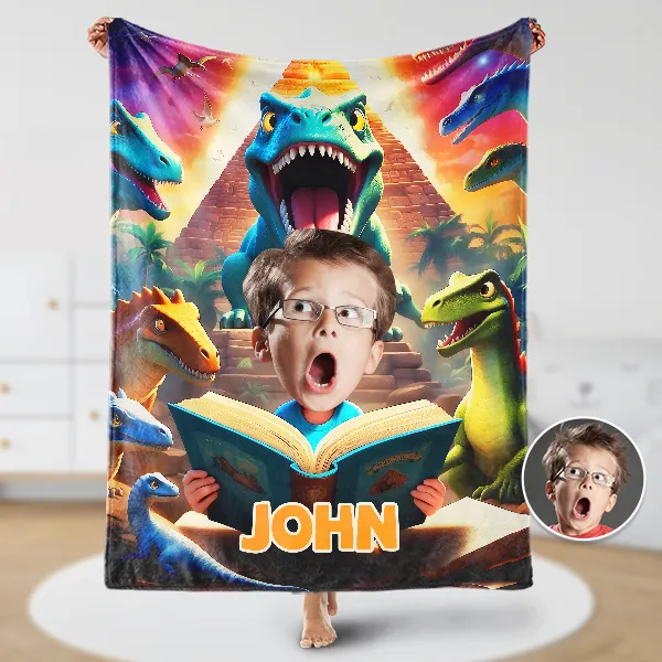Custom Scared Dinosaur Blankets Personalized Face & Name Funny Blanket Gifts For Boys