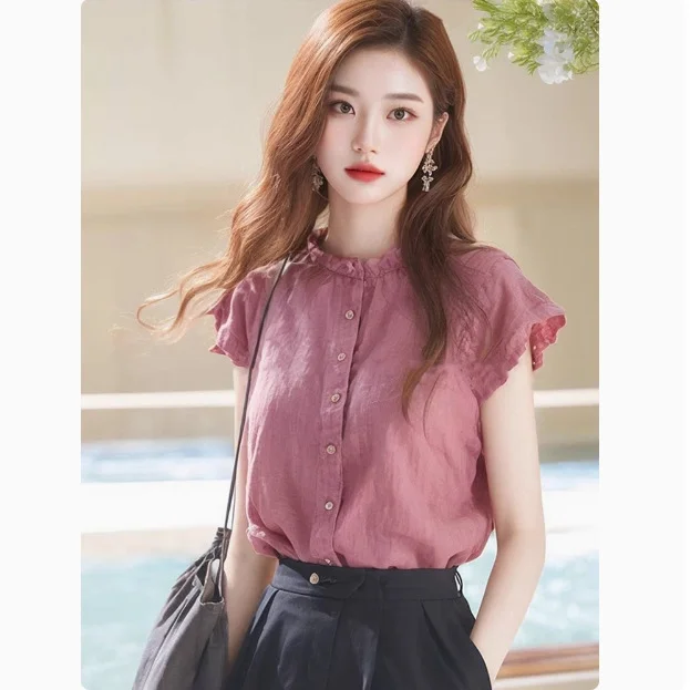 Athvotar Athvotar Ear Collar Simple Small Flying Sleeve Shirt Female Design Sense Of Small Summer Single Special Beautiful Shirt Top