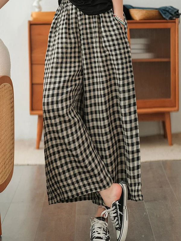 Artistic Retro Linen Roomy Wide Legs Plaid Drawstring Pants